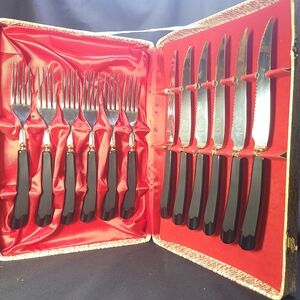 Glo-Hill Fork and Steak Knife Set Bakelite Black Handles with Gold Accents